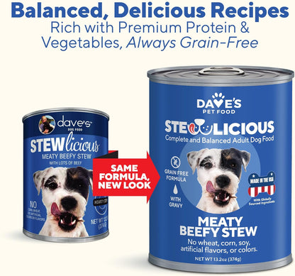 Dave's Pet Food Stewlicious Soft Dog Food Wet (Meaty Beef Stew), Made in USA Canned Topper, Gluten Free, Small to Large Breeds 13.2 oz (12 Pack)