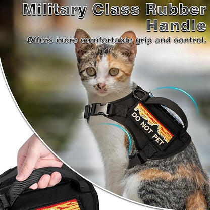 Tactical Cat Harness for Walking, Adjustable Escape Proof Pet Vest for Large Cat,Easy Control Breathable Cat Vest with Handle，Molle Patches (Black, L)