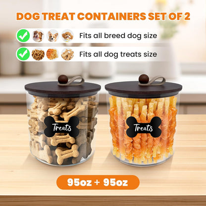 2 Pack Airtight Dog Food Storage Container,Dog Treat Container Dog Treat Jar with Wood Lids 6x5'',Pet Food Storage Container,Cat Food Container with Scoops,Food Tong,Labels,Pen