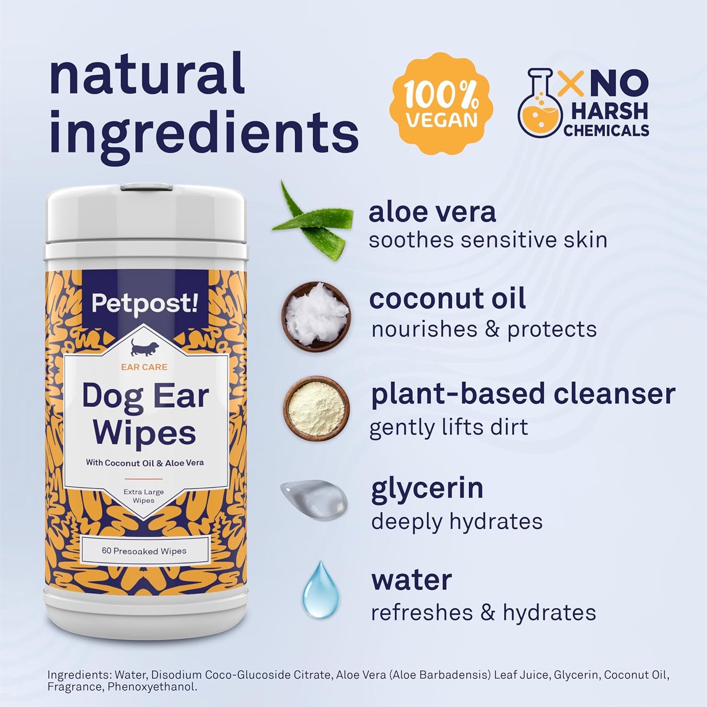 Petpost Large Dog Ear Cleaner Wipes | Ultra Soft XL Cotton Pads in Coconut Oil Aloe Solution | Remedy for Dog Ear Rinse & Cleanser 60 ct.
