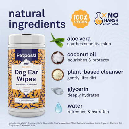 Petpost Large Dog Ear Cleaner Wipes | Ultra Soft XL Cotton Pads in Coconut Oil Aloe Solution | Remedy for Dog Ear Rinse & Cleanser 60 ct.