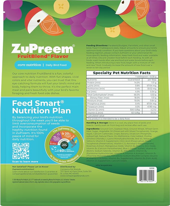 ZuPreem FruitBlend Bird Pellets, Daily Bird Food for Parakeet, Budgie, Parrotlet, Dove, Core Nutrition for Small Birds, Made in USA, Parakeet & Budgie Food (S, 2 lbs)