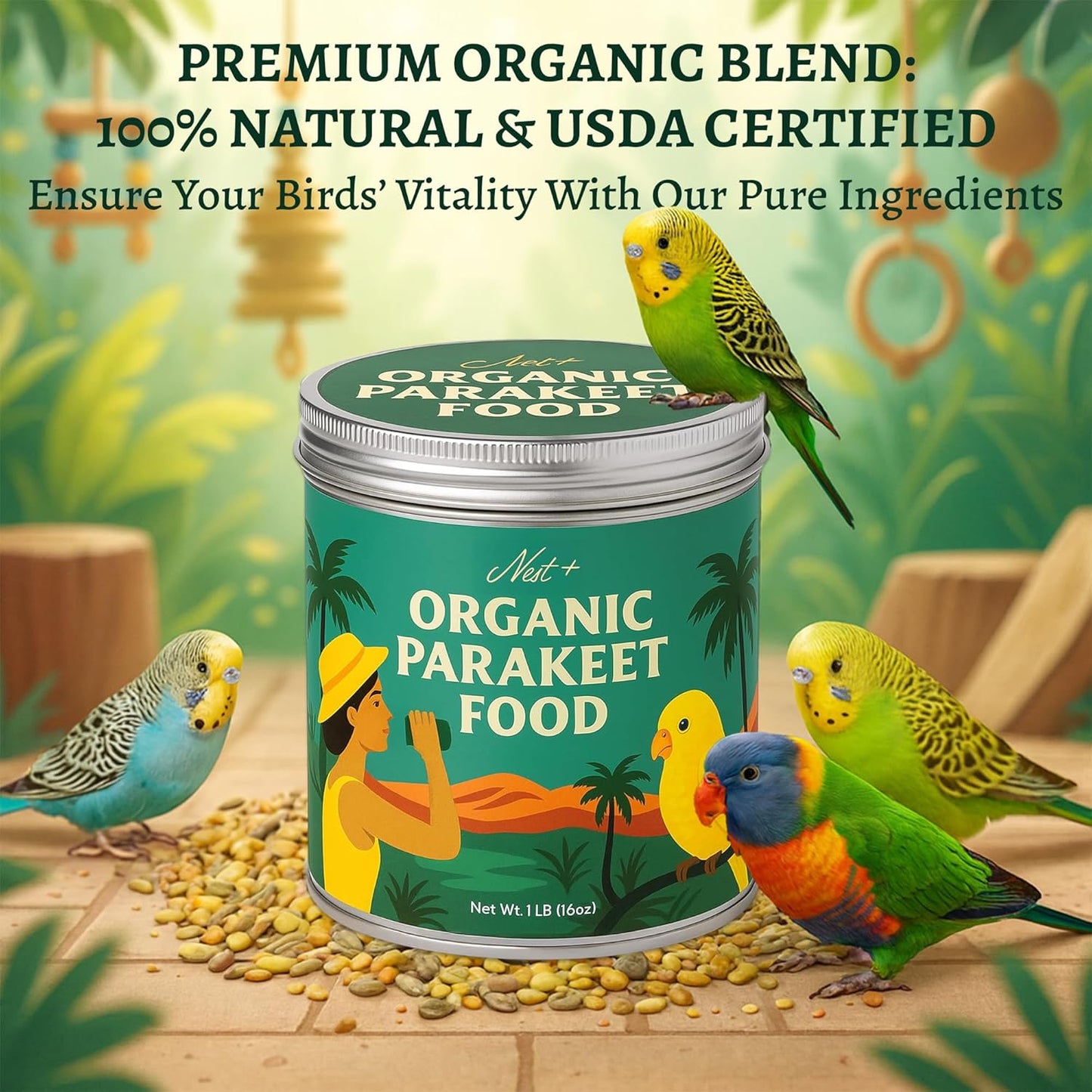 Premium Bird Seed Parakeet Food | Organic Parakeet Bird Seeds with Oat Groats, Amaranth & Super Veggies | Perfect Bird Food, Pretty Parrot & Budgie Food | Reusable Tin (1lb)