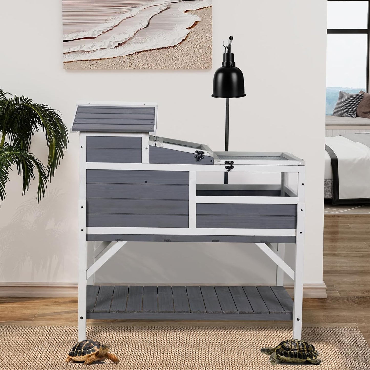 GEGURI Tortoise Habitat House Indoor Outdoor, 3-Room Wooden Turtle Enclosure Reptile Cage with Shelf Storage, Balcony & 2 Stories for Small Animals