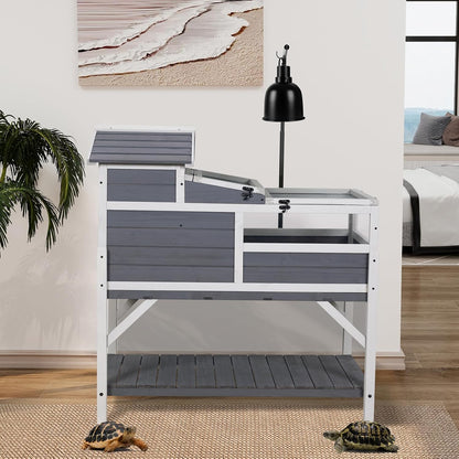 GEGURI Tortoise Habitat House Indoor Outdoor, 3-Room Wooden Turtle Enclosure Reptile Cage with Shelf Storage, Balcony & 2 Stories for Small Animals