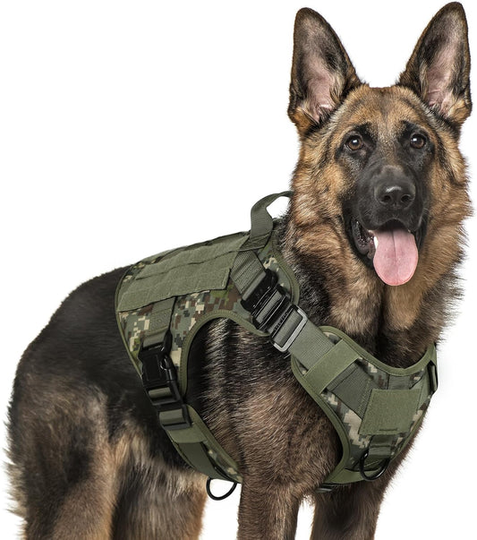 rabbitgoo Tactical Dog Harness for Large, Heavy Duty Pet Harness with Handle, No-Pull Service Vest Large Breed, Adjustable Military Dog Vest for Training Hunting Walking, Green Camo, XL