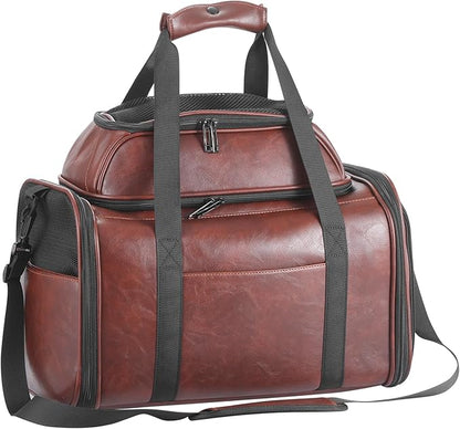 Premium Leather Top Expandable Pet Carrier for Small Dogs & Cats Under 15 lbs, Airline Approved Collapsible Soft-Sided Luxury Travel Bag Coffee