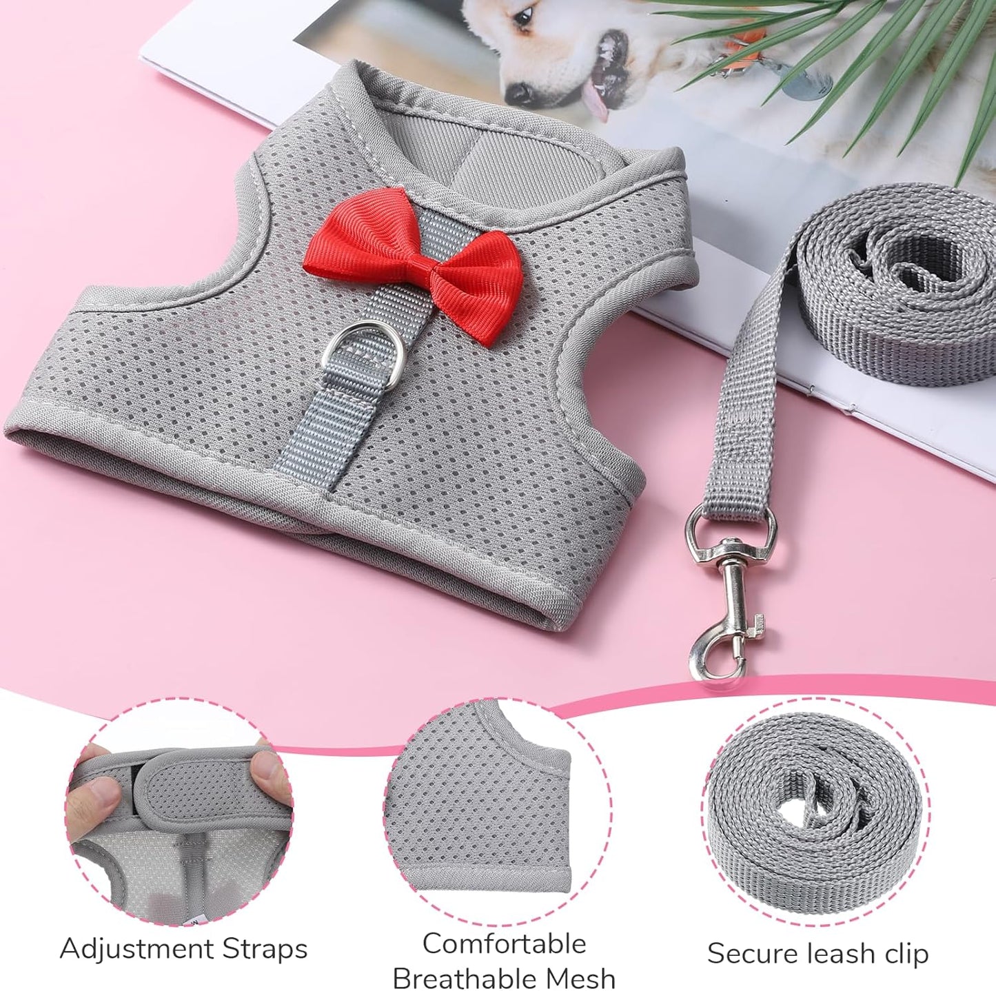 Bunny Harness and Leash Set, Cute Bow Rabbit Vest Soft Breathable Mesh Rabbit Leash and Harness Set Escape Proof Walking Gear for Rabbits, Ferrets, Kittens, Guinea Pigs, Grey M