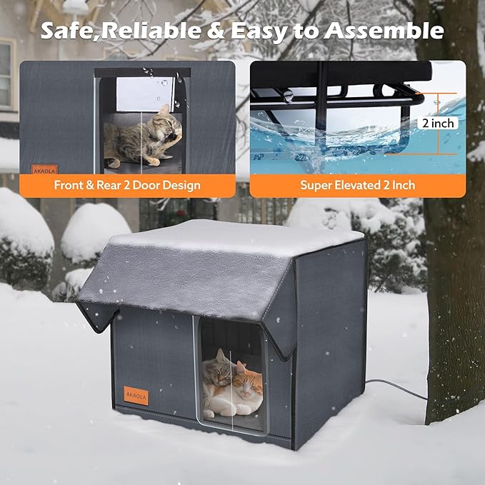 Large Heated Cat House for Outdoor Cats in Winter, Weatherproof & Elevated Outdoor Feral Cat Houses with Pet Heating Pad Bed, Outside Cat House for Stray Barn Cat