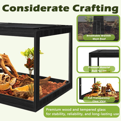 Prolee Tempered Glass Bearded Dragon Tank 28 Gallon,Reptile Encloure and Snake Tank with Metal Mesh Roof Door,Locking Design Reptile Tank for Lizard,Gecko,Chameleon (Black, 63 Gallon (40x20x20 Inch))