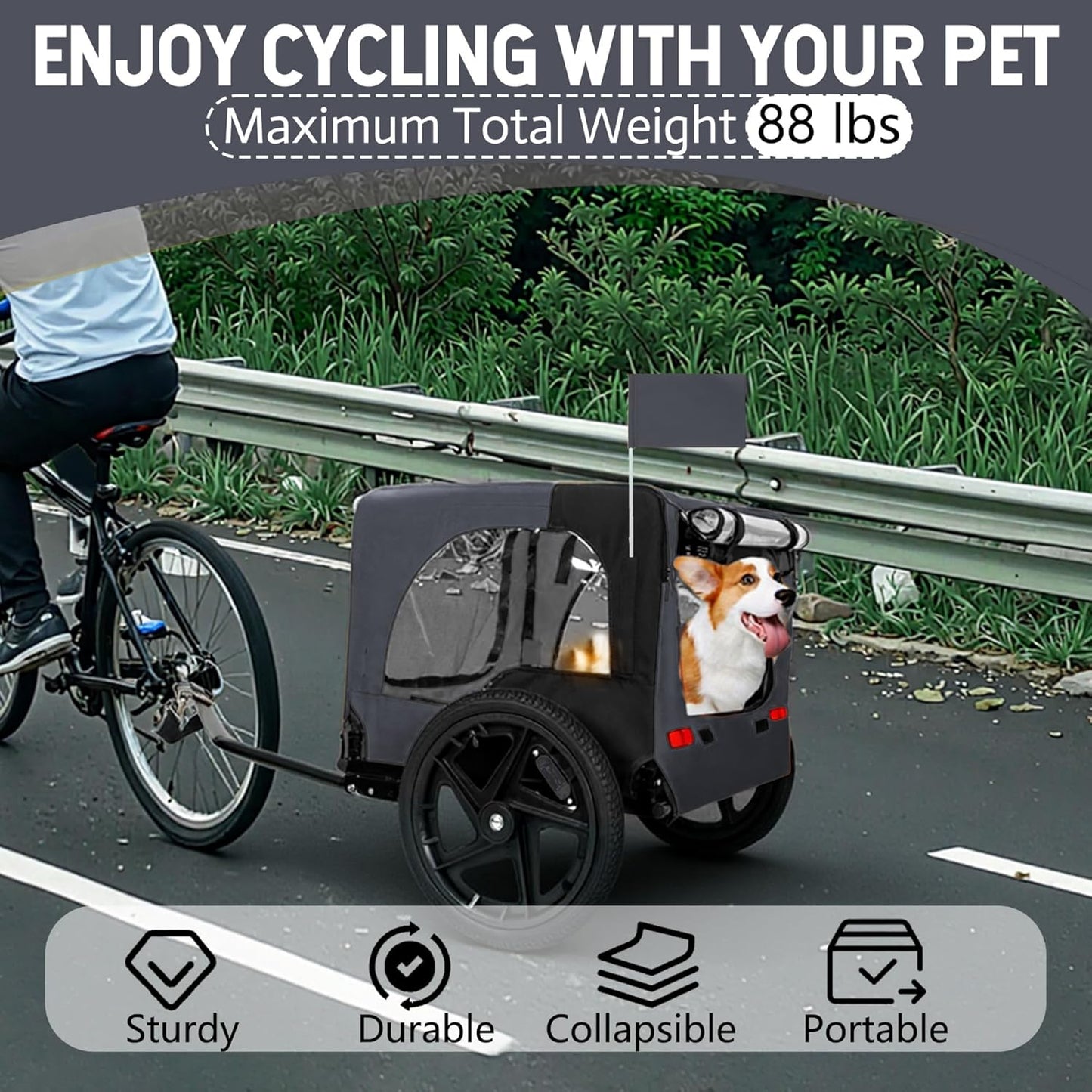 Pet Bike Trailer for Dogs, 88LBS Capacity Dog Bicycle Trailer with 20" Pneumatic Rubber Wheels, Multi-Directional Ventilation, Waterproof Cover, Perfect for Cycling with Pets