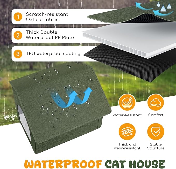Outdoor Cat House Weatherproof, Insulated Cat Houses for Outdoor/Indoor Cats for Winter, Waterproof Feral Stray Cat Shelter with Warm Cushion and Door Curtain, Easy to Assemble, Olive Green