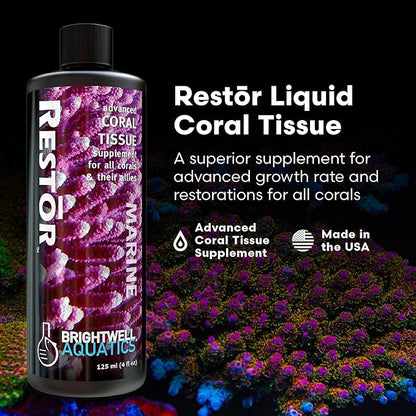 Brightwell Aquatics - Restor Liquid Coral Tissue Supplement - Fish Tank Reef Nutrition for Live Coral Growth Acceleration, Colour Vibrancy, & Restoration Additive - Saltwater Reef Supplies, 4.22 fl oz