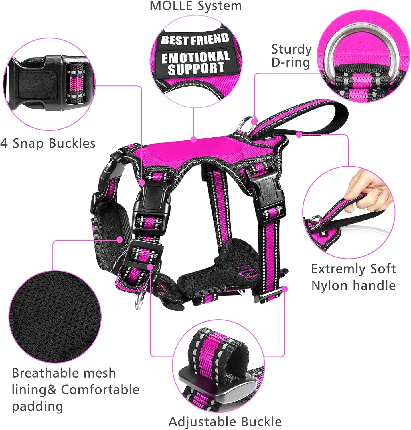 WINSEE Pet Harness Collar and Leash Set, All-in-one Reflective Dog Harness No Pull with Adjustable Buckles for Puppies, Small, Medium, Large, and Extra-Large Dogs (Large, Rosy)