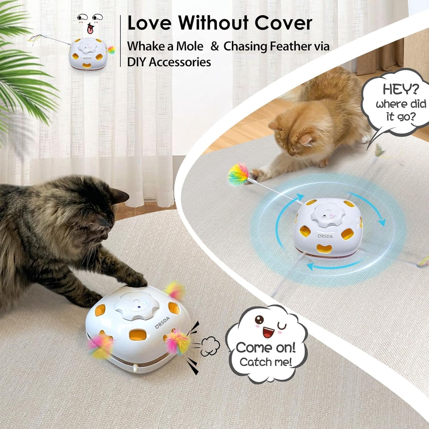 ORSDA Cat Toys for Indoor Cats, 4 in 1 Interactive Automatic Kitten Toys Hide and Seek with Mat, 8 Holes Mice Whack-A-Mole, Moving Wand Teaser Feathers,Rechargeable Electric Exercise Kicker Kitty Toy