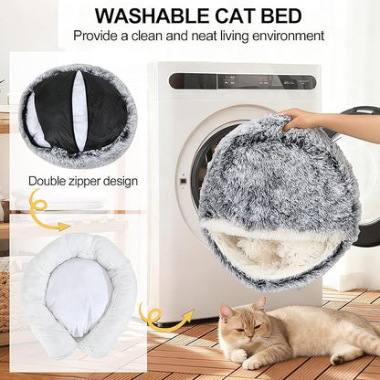 MADDEMCUTE Calming Dog & Cat Cave Bed With Hooded Cover, Removable Washable Round for Small Medium Pets, Anti-Slip Faux Fur Fluffy Coved for Improved Sleep, Fits up to 15/25 lbs (Grey, S)