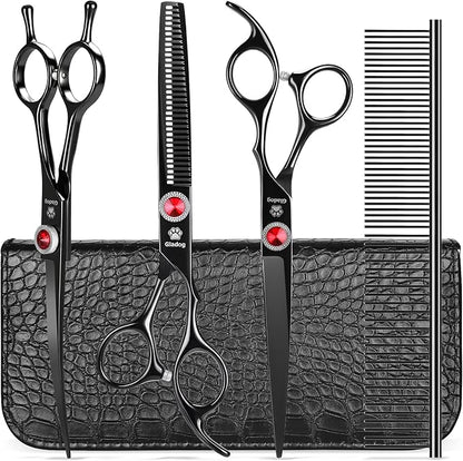 GLADOG 7 Inch Professional Dog Grooming Scissors Kit, 5-in-1 Titanium Coated Pet Grooming Shears Set, Heavy Duty Grooming Scissors for Dogs (Pro Black)