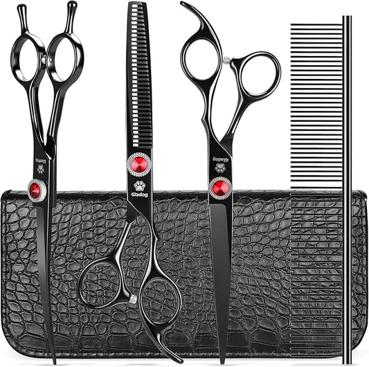 GLADOG 7 Inch Professional Dog Grooming Scissors Kit, 5-in-1 Titanium Coated Pet Grooming Shears Set, Heavy Duty Grooming Scissors for Dogs (Pro Black)