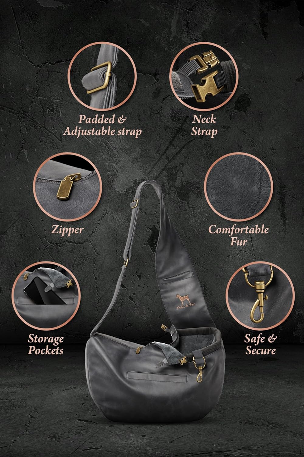 Noah & Paw Dog Sling Carrier for Small Dogs 5-18lb, Dog Sling for Small Dogs and Cats, Dog Carrier with Adjustable Padded Strap, Vegan Leather Lined with Fur, 3X Safety Features, Machine Washable