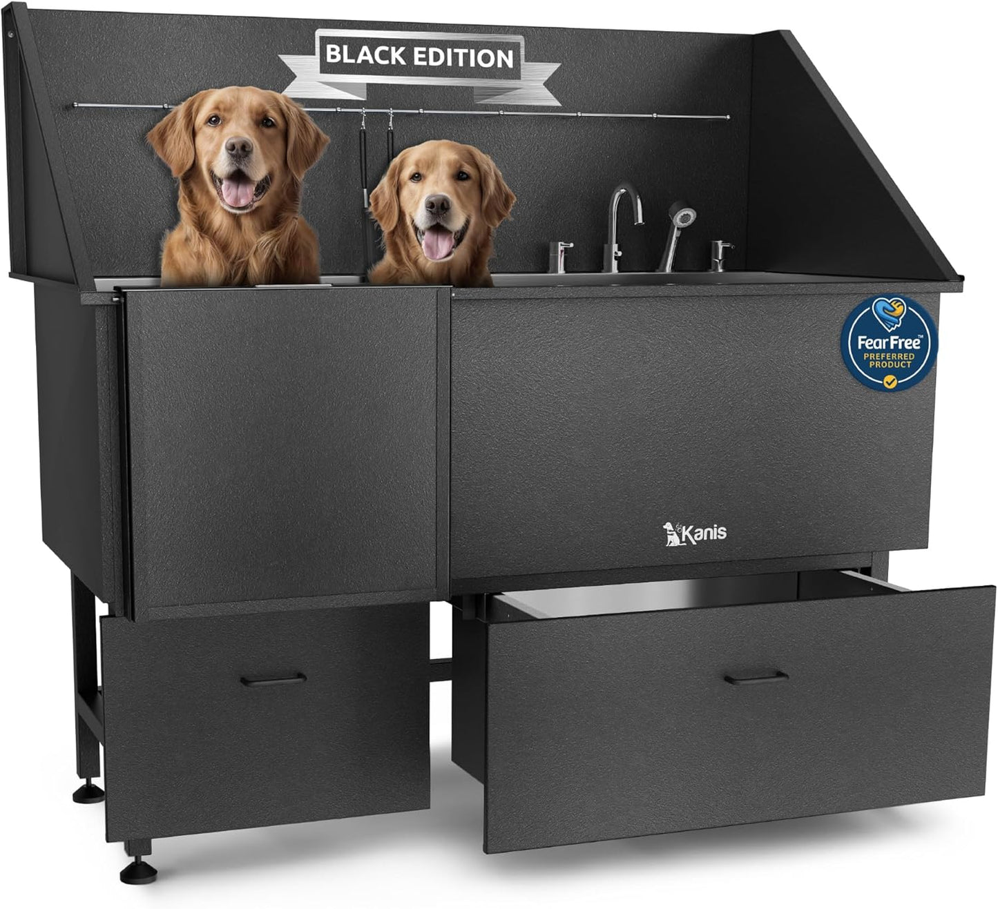 KANIS Black Line Professional Dog Washing Station - 304 Stainless Steel Pet Wash Sink & Grooming Bathtub w/Shower, Floor Grates and Storage for Large, Medium & Small Pets (61", 2 Drawers - Left Ramp)