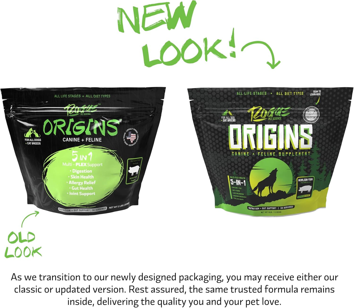 ROGUE PET SCIENCE Origins 5-in-1 Dog Supplement - Powdered Food Topper w/Natural Heirloom Pork Protein- Supports Healthy Digestion, Skin, and Coat - Helps Reduce Itching & Joint Inflammation (2 lbs)