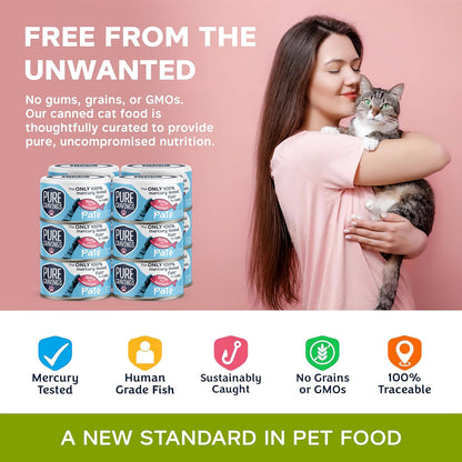 Pure Cravings Tuna and Salmon Pate, Canned Wet Cat Food, 100% Mercury-Tested, Moist Can Fish, Grain-Free Protein, Non-GMO, 12 Pack