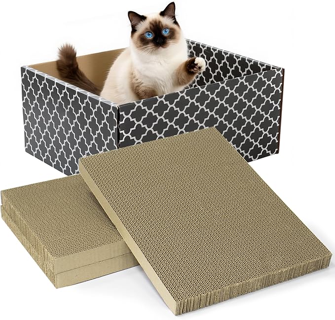 Larger Cat Scratcher Box, Heavy Duty Cat Bed with 3 Pack Refillable Double-Sided Cardboard Scratch Pad for Indoor Cats