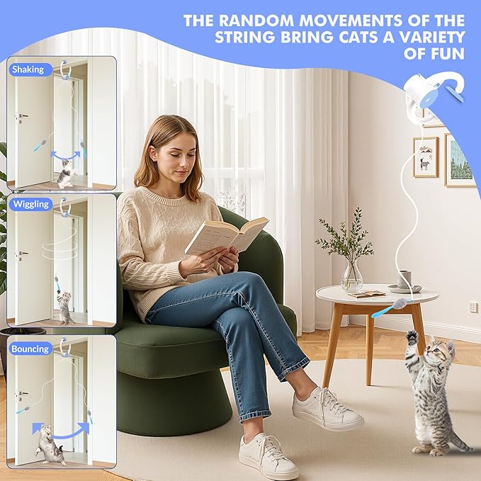 Interactive Cat Toys for Indoor Cats, Automatic Electric Flying Bird Feather Wand Toy, Best Kitten & Adult Cat Enrichment Toy Hanging Electric Kitty Toys for Bored Cats, Light Blue