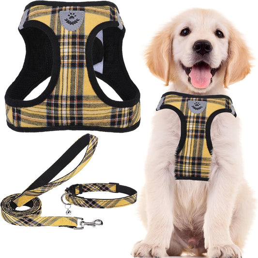 PUPTECK Adjustable Dog Harness Collar and Leash Set Step in No Pull Pet Harness for Small Medium Dogs Puppy and Cats Outdoor Walking Running, Soft Mesh Padded Reflective Vest Harnesses, Yellow, L