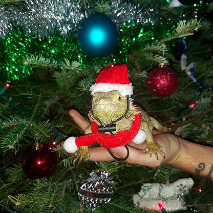ADOGGYGO Christmas Bearded Dragon Santa Hat Scarf Lizard Leash Harness Set - Lizard Xmas Costume Scarf and Hat + 3 Pack Bearded Dragon Harness Leash for Reptile