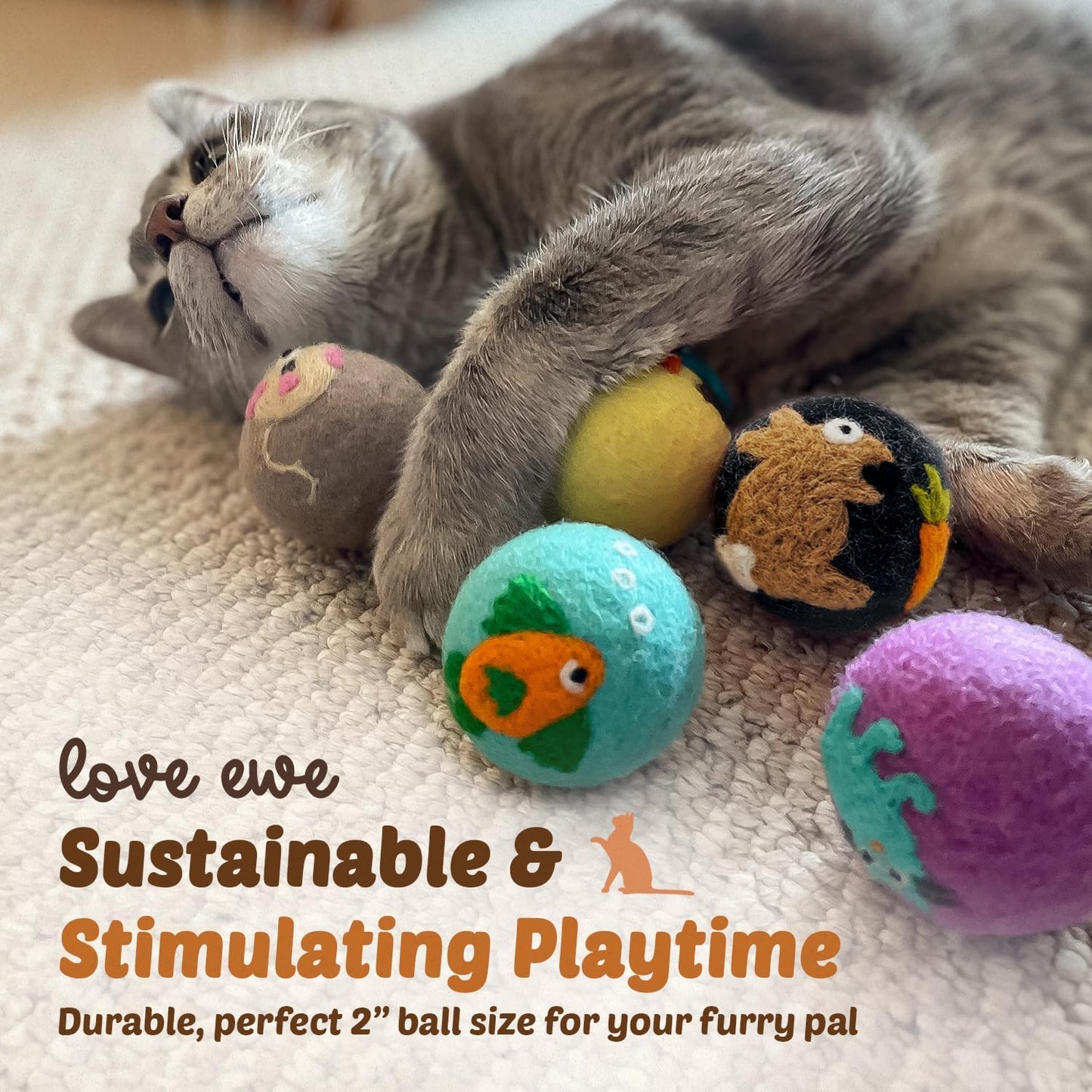 Hustle & Blush Wool Felt Balls - 3 Pack Love Ewe Pet Supplies – 2in Colorful & Durable Cat Toys Handmade from New Zealand, Ideal for Indoor Play and Mental Stimulation – Cat & Mouse Design