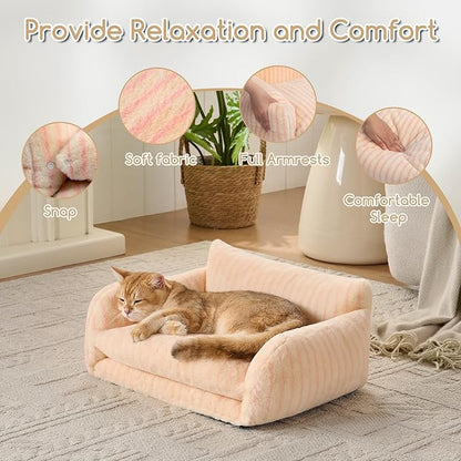 Hollypet Cat Bed Fluffy Plush Mutifuctional Double-Layer Soft Pet Couch Orthopedic Sofa Nest Beds for Small Cats and Dogs, Pink Stripes (21x15x8 inch)