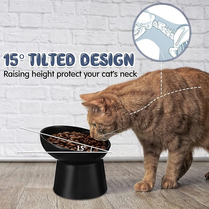 Tanlade 4 Pcs Ceramic Raised Cat Bowls, Elevated Tilted Cat Bowl, Stress Free, Backflow Prevention, Dishwasher and Microwave Safe for Indoor Kitten, Puppies(White and Black)