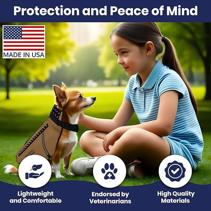 CoyoteVest Dog Harness Protection Vest, Reflective Dog Accessories with Spikes to Shield Your Pet from Raptor and Animal Attacks, Proudly Made in America (X-Small, Texas Tan)