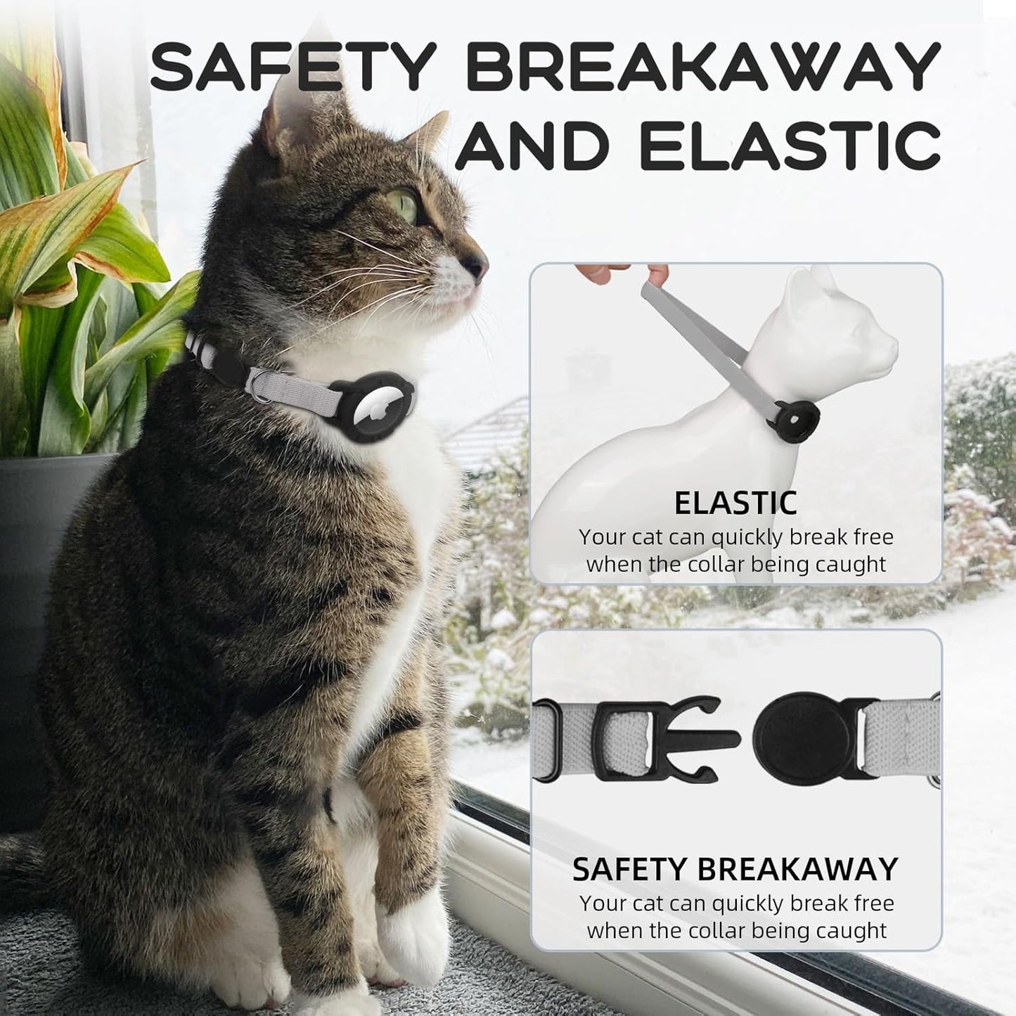 AirTag Cat Collars, Stretchy Collar with Apple AirTag Holder and Bell, Breakaway Ultra Design Elastic GPS Tracking Collars for Cats and Puppies, (7.5-12.5 Inch), Gray