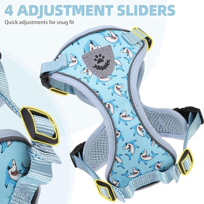 PUPTECK Cat Harness and Leash Set Escape Proof Reflective Cat Walking Harness Adjustable Soft Breathable Mesh Vest for Small Pets, Blue Sharks, S