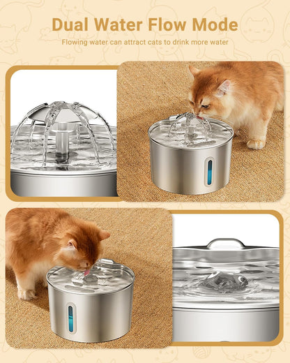 Cat Water Fountain Stainless Steel - 74oz/2.2L Corded Pet Water Dispenser Automatic Silent Cats Dispenser for Drinking Inside Indoor Metal Kitty Spout Fountain with 3 Filters & 3 Sponges