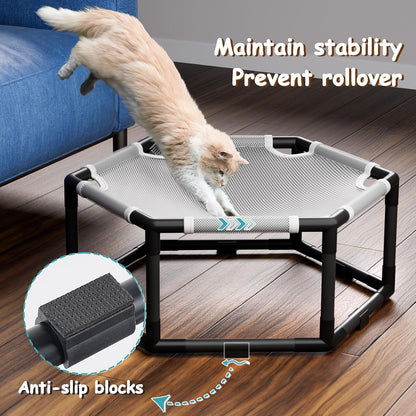 Tresbro Elevated Cat Hammock Bed, Hexagon Raised Cat Swing Bed for Indoor and Outdoor Use with Breathable Fabric & Anti-Slip Block, 20.5'' x 18'' x 9.4'' Pet Chair for Large to Small Kitty Cot