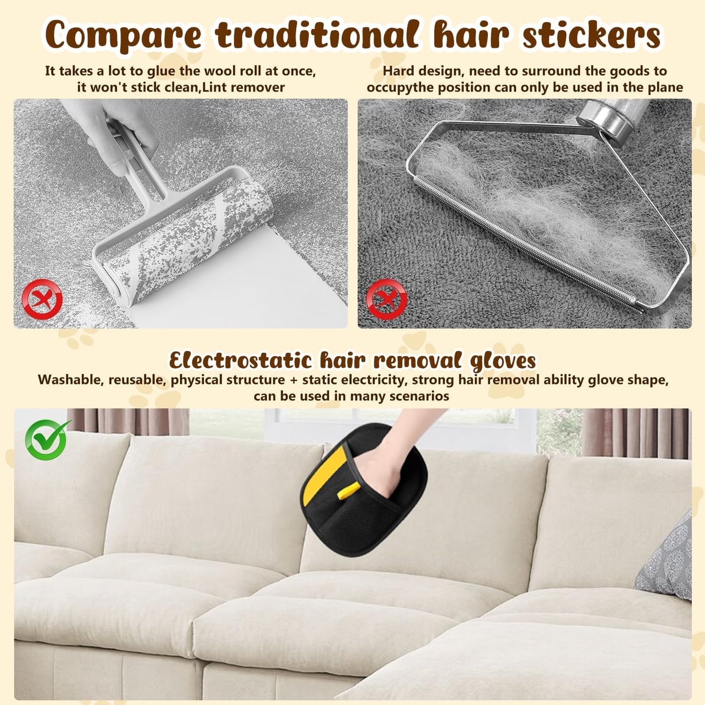 Pet Hair Removal Gloves,Electrostatic Gloves Pet Hair, Efficient Grooming Glove for Cats Dogs, Reusable Pet Hair Removal Tool for Couch, Furniture, Carpet, Curtain (3)