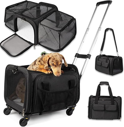 Pet Carrier with Wheels | Delta American Frontier Airline Approved | Two Expandable Sides, Storage Pockets Adjustable Leash | Rolling Dog and Cat Carrier TSA Compliant (Light Grey 17x12.5x11)