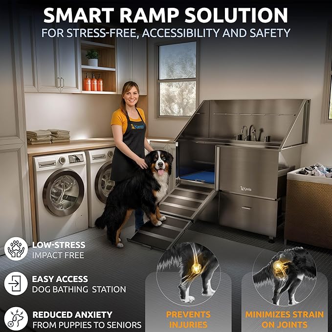 KANIS Professional Dog Washing Station - 304 Stainless Steel Pet Wash Sink & Grooming Bathtub w/Shower, Floor Grates and Storage for Large, Medium & Small Pets (50", 2 Drawers - Left Ramp)