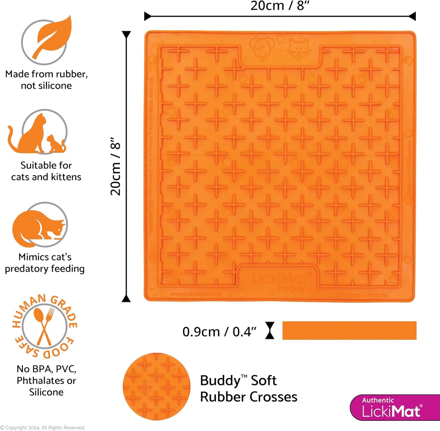 LickiMat Classic Buddy, Cat Slow Feeder Lick Mat, Boredom Anxiety Reducer; Perfect for Food, Treats, Yogurt, or Peanut Butter. Fun Alternative to a Slow Feed Cat Bowl or Dish, Orange