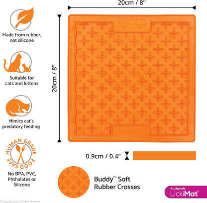 LickiMat Classic Buddy, Cat Slow Feeder Lick Mat, Boredom Anxiety Reducer; Perfect for Food, Treats, Yogurt, or Peanut Butter. Fun Alternative to a Slow Feed Cat Bowl or Dish, Orange