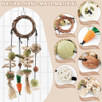 Bissap Bunny Chew Toy, 2 Packs Rabbits Cage Hanging Chew Toys and Treats Rattan Ring with Snacks for Guinea Pigs Chinchillas Hamsters Rats and Other Small Pets Teeth Grinding