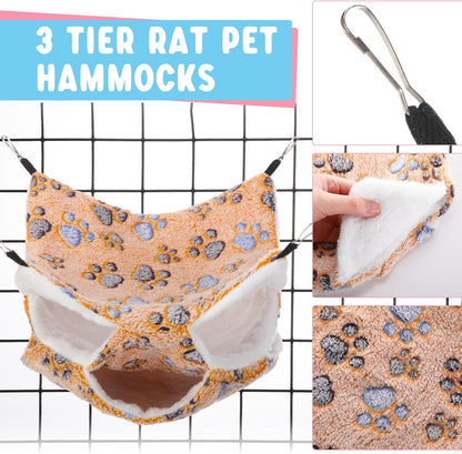 Abbylike 9 Pieces Rat Hammock 3 Tier Guinea Pig Ferret Hammocks Small Pet Hanging Tunnel Glider Toy Guinea Pig Ferret Hideout Bed Cage Accessories for Hamster(Light Brown, White, Black,Paw)