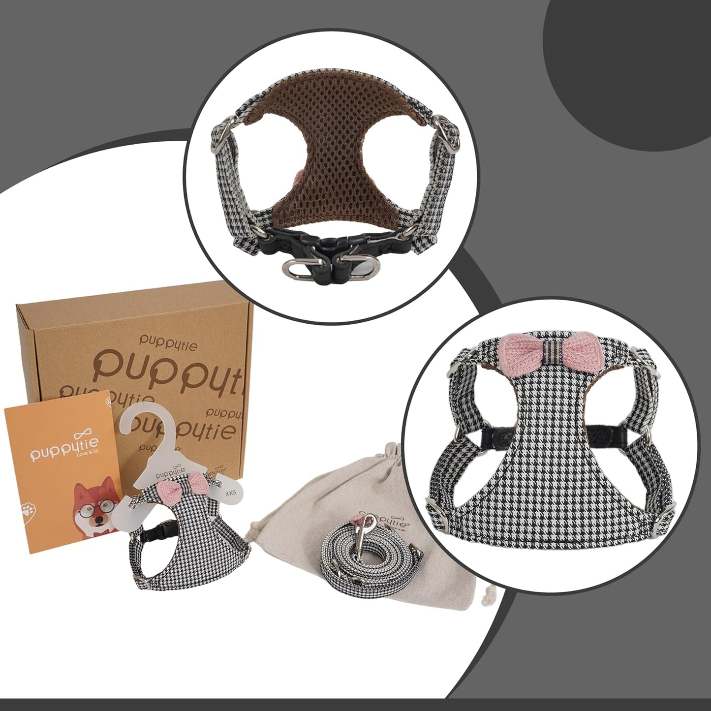 Puppytie No Pull xs Dog Harness with Multifunction Dog Leash,Soft Adjustable No Choke Escape Proof Pet Harness Vest,Knitted Black-White,xs