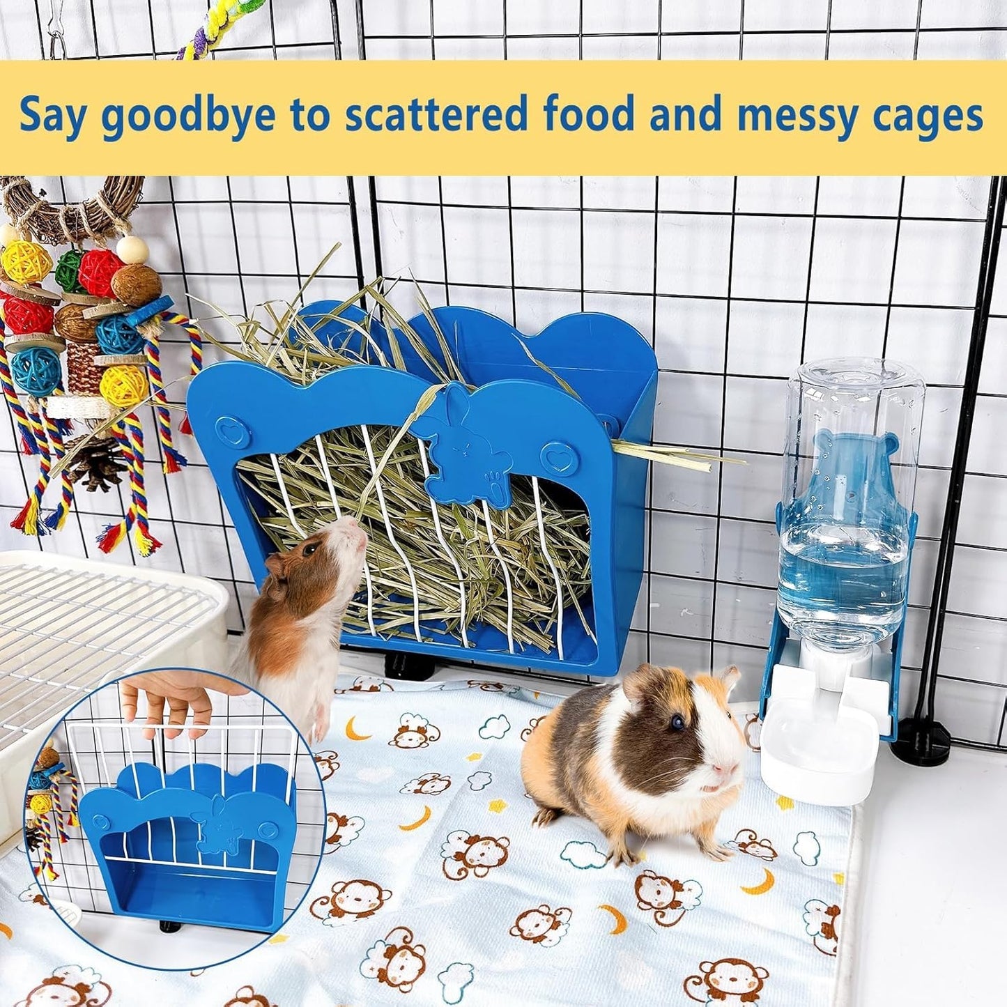 Hamiledyi Rabbit Hay Feeder 500ml Hanging Gravity Water Dispenser Guinea Pig Grass Rack Water Bottle Set for Bunny Ferret Chinchilla(Blue)
