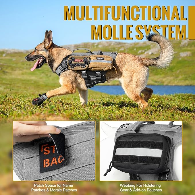 OneTigris Tactical Large Dog Harness, 5X Metal Buckled No Pull Service Dog Harness Vest with Hook & Loop Panels, Military Heavy Duty Dog Vest for Walking Hiking Training