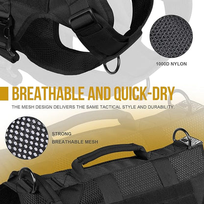 OneTigris No Pull Tactical Dog Harness for Medium Large Dogs, Mesh Design Breathable Military Dogs Molle Vests with Handles, Service Dog Vest Harness for Walking Hiking Training (XL, Black)
