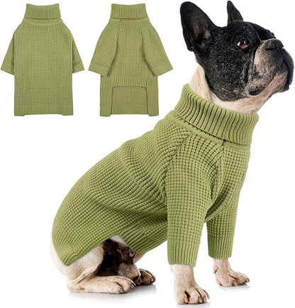 Queenmore Waffle Knit Dog Sweater, Long Sleeve Dog Fall Sweater, Turtleneck Puppy Sweaters, Puppy Sweaters for Cats, Green XS